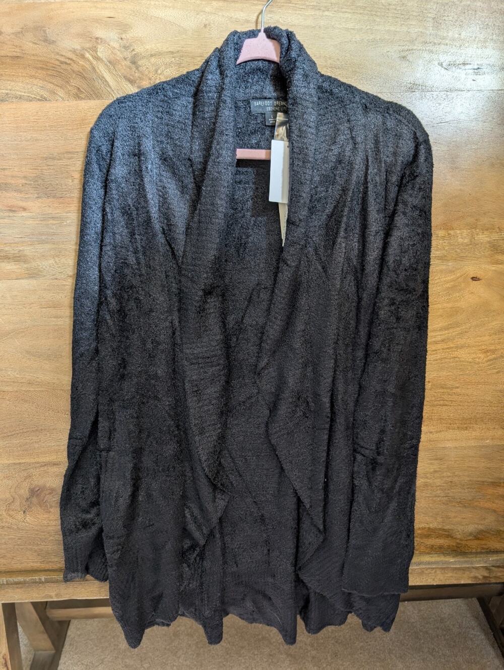 Barefoot Dreams Cozychic Lite Duster Sweater Womens L Black Nylon Open Front NWT